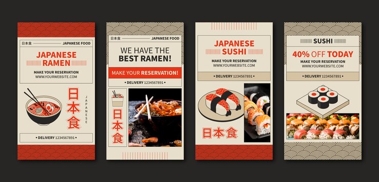 Vector plantilla de historias de instagram de restaurante japonés de diseño plano