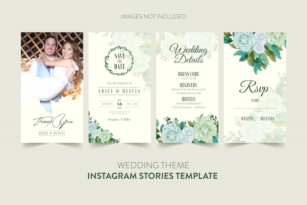 Plantilla de historias de instagram para tarjeta de invitación de boda con flores y hojas de acuarela