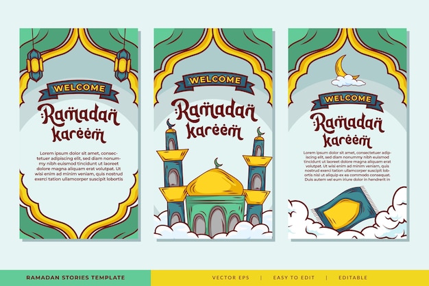 Plantilla de historias de redes sociales de ramadán con ilustración islámica dibujada a mano