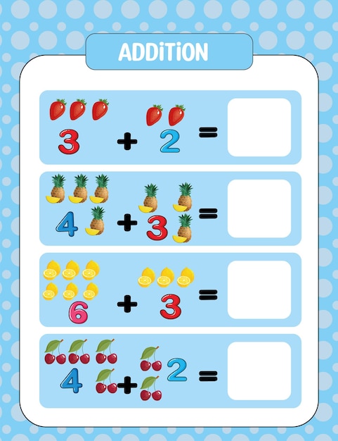 Vector plantilla de hoja de trabajo de matemáticas de adición preescolar para niños