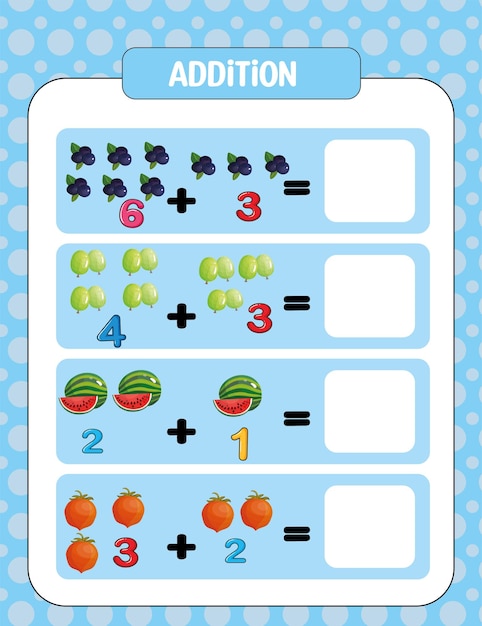 Plantilla de hoja de trabajo de matemáticas de adición preescolar para niños