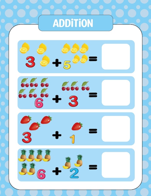 Plantilla de hoja de trabajo de matemáticas de adición preescolar para niños