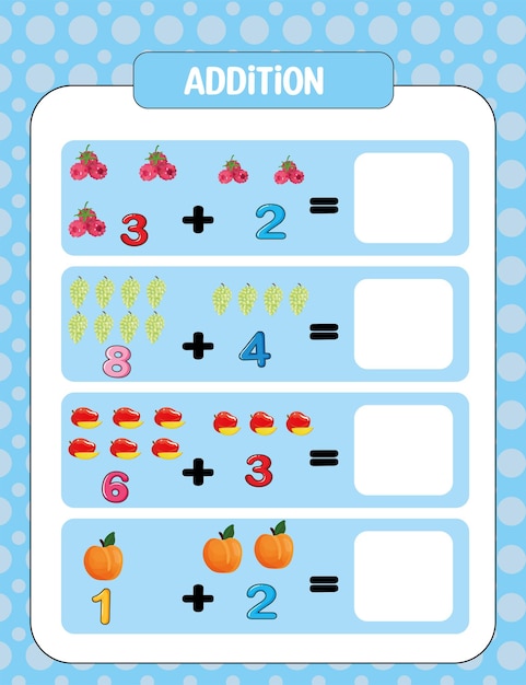 Vector plantilla de hoja de trabajo de matemáticas de adición preescolar para niños