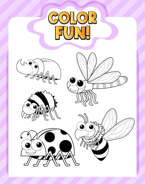 Plantilla de hojas de trabajo con texto divertido en color y contorno de insectos