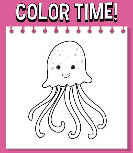 Plantilla de hojas de trabajo con texto de tiempo de color y contorno de medusas