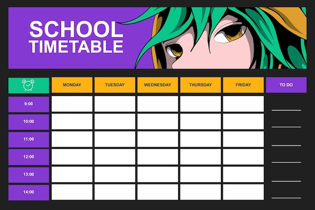 Vector plantilla de horario escolar de anime