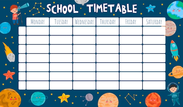 Plantilla de horario escolar con dibujos animados planetas cohetes lanzadera horario de regreso a la escuela con fondo espacial para sujetos ilustración vectorial