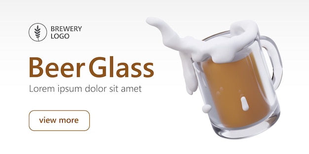 Plantilla horizontal con jarra de cerveza y bebida de texto 3D con espuma blanca salpicada de jarra de vidrio
