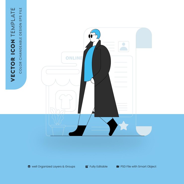 Vector plantilla de icona vectorial de un hombre con gafas de sol frente a una tienda en línea