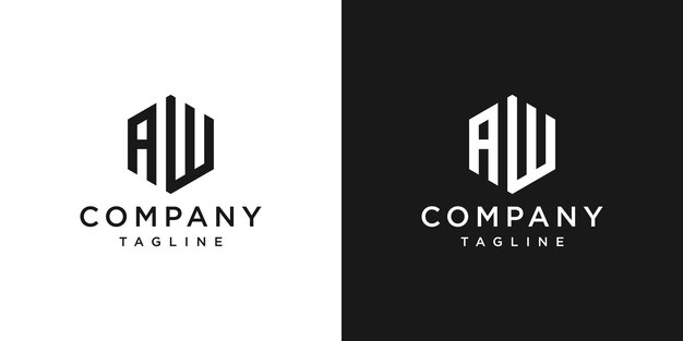 Plantilla de icono de diseño de logotipo de monograma AW de letra hexagonal creativa Fondo blanco y negro