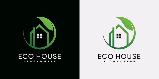 Plantilla de icono de logotipo de casa ecológica con hoja verde y elemento creativo