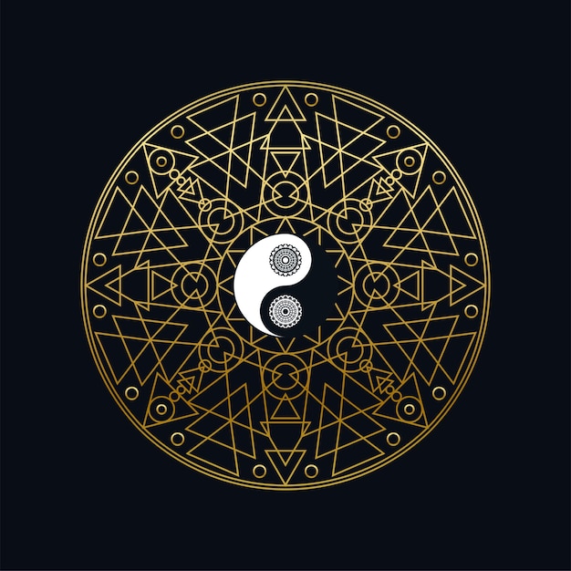Plantilla de icono de meditación con signo de Yin Yang dorado en contorno de Mandala sobre fondo negro Ilustración vectorial lineal. Diseño de símbolo oriental tradicional. Concepto de equilibrio y cultura asiática