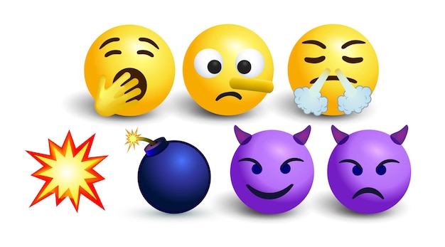 Vector plantilla de icono de reacciones de comentarios de chat de redes sociales de emoticonos de burbujas de dibujos animados amarillos redondos de vector 3d