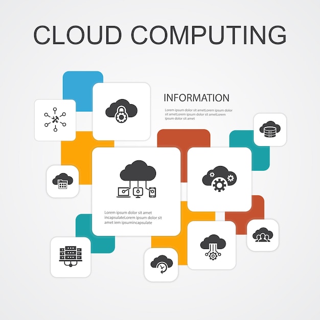 Plantilla de iconos de línea de infografía de computación en la nube 10 Copia de seguridad en la nube, centro de datos, SaaS, iconos simples de proveedor de servicios
