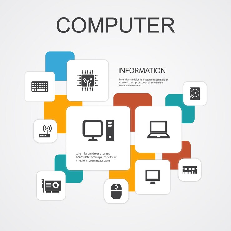 Vector plantilla de iconos de línea de infografía de computadora 10. cpu, computadora portátil, teclado, iconos simples de disco duro