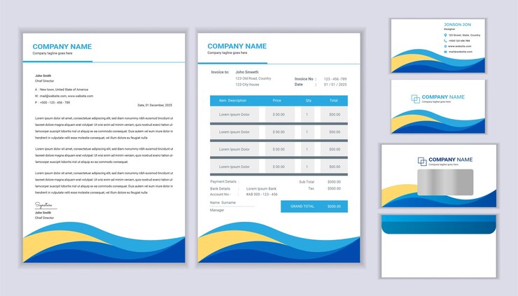 Plantilla de identidad corporativa. Diseño de plantilla de papelería con plantilla de membrete, factura, sobre y tarjeta de visita.
