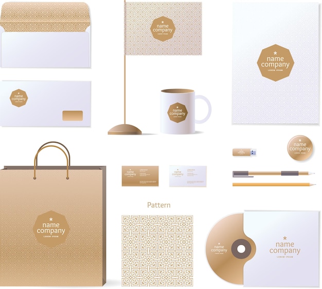 Plantilla de identidad corporativa. Elementos de logotipo y diseño. Estilo dorado.