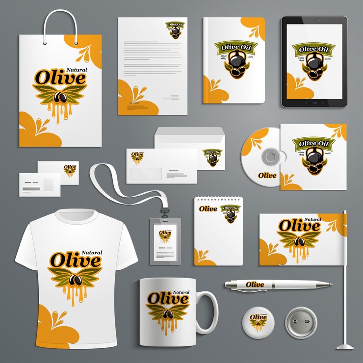 Vector plantilla de identidad corporativa para producto de granja de olivos.