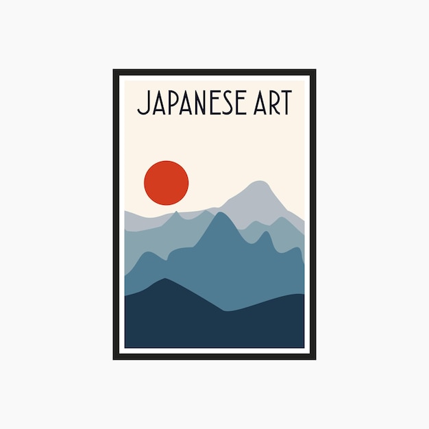 Plantilla de ilustración de arte de paisaje mínimo japonés. gráfico de póster impreso de decoración de pared contemporánea.