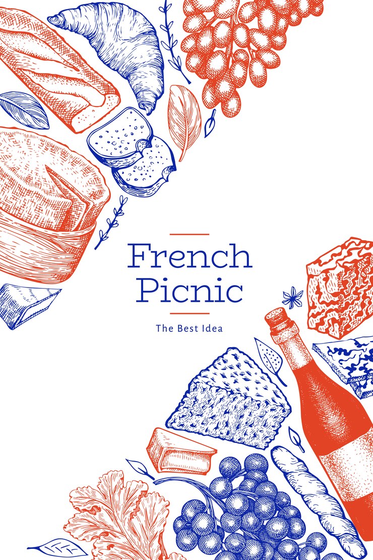 Vector plantilla de ilustración de comida francesa. dibujado a mano ilustraciones de comida de picnic. grabado estilo diferente merienda y vino.