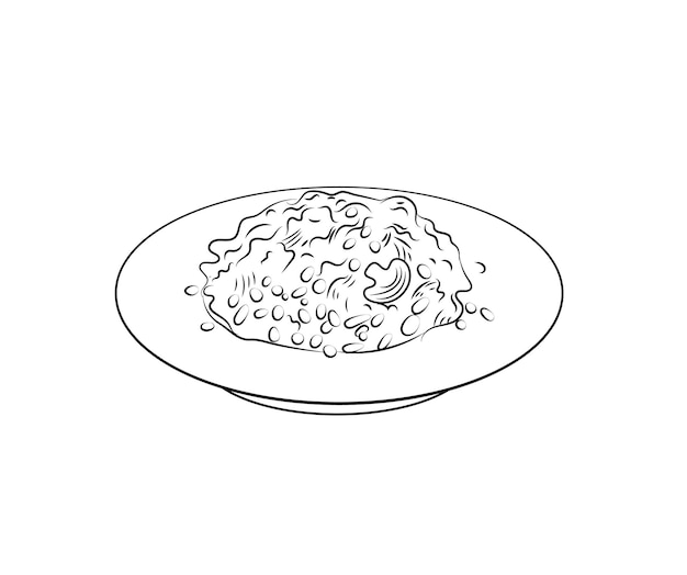Plantilla de ilustración de contorno de placa de risotto vectorial en blanco y negro