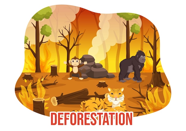 Vector plantilla de ilustración de deforestación con árbol en el bosque talado que causa la extinción de animales