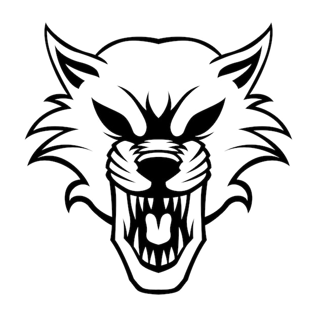 Plantilla de ilustración de diseño de logotipo en blanco y negro de vector de lobo enojado