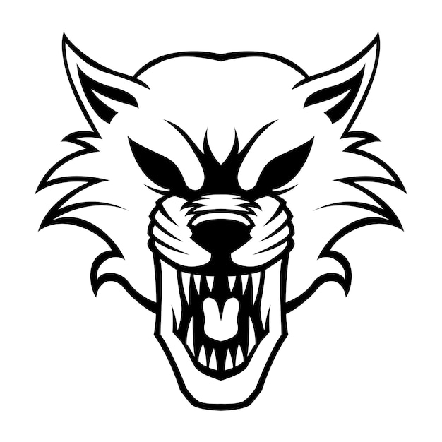 Plantilla de ilustración de diseño de logotipo en blanco y negro de vector de lobo enojado