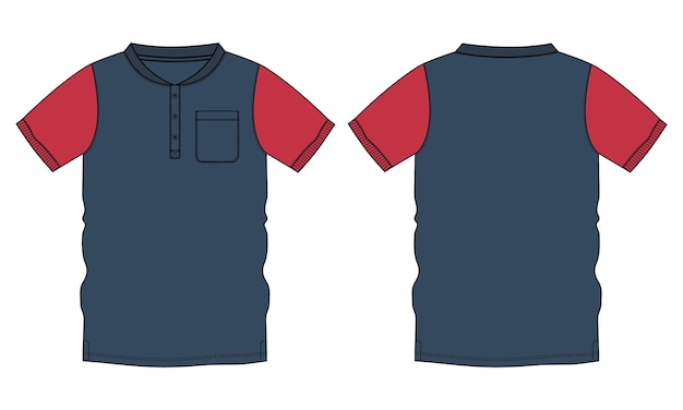 Plantilla de ilustración de vector de boceto plano técnico de camiseta de color azul y rojo de dos tonos