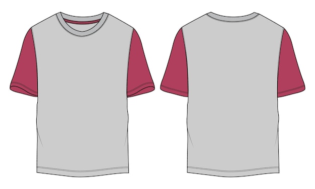 Plantilla de ilustración de vector de dibujo plano de moda técnica de camiseta de color rojo y gris de dos tonos