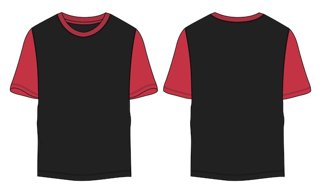 Plantilla de ilustración de vector de dibujo plano de moda técnica de camiseta de color rojo y negro de dos tonos