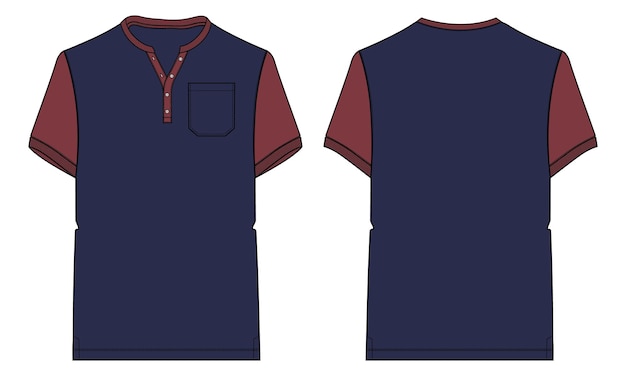 Plantilla de ilustración de vector de dibujo plano de moda técnica de camiseta de dos tonos azul marino y rojo