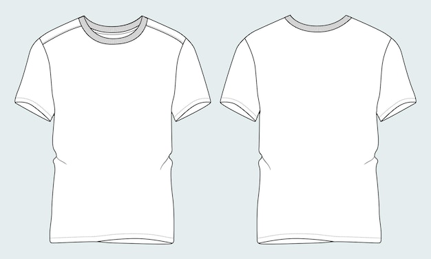 Plantilla de ilustración de vector de dibujo plano de moda técnica de camiseta de manga corta vistas frontal y posterior