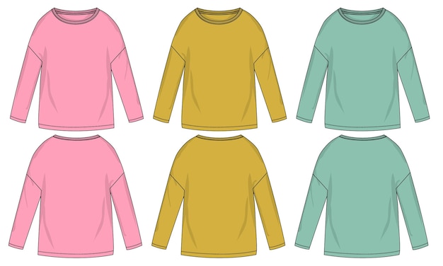 Plantilla de ilustración de vector de dibujo plano de moda técnica de camiseta de manga larga multicolor para damas