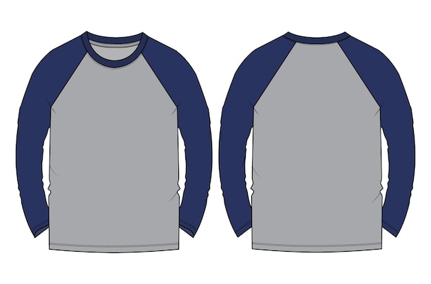 Plantilla de ilustración de vector de dibujo plano de moda técnica de camiseta de manga larga raglán de dos tonos