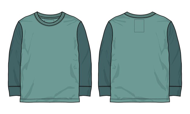 Plantilla de ilustración de vector de dibujo plano técnico de camiseta de manga larga de color verde de dos tonos