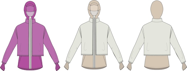 Plantilla de ilustración de vector de dibujo técnico de boceto plano frontal y posterior de Shell Long Jacket en capas