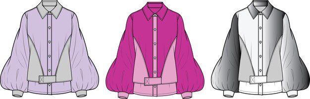 Plantilla de ilustración de vector de dibujo técnico de dibujo plano de blusa peplum de manga de obispo de mujer