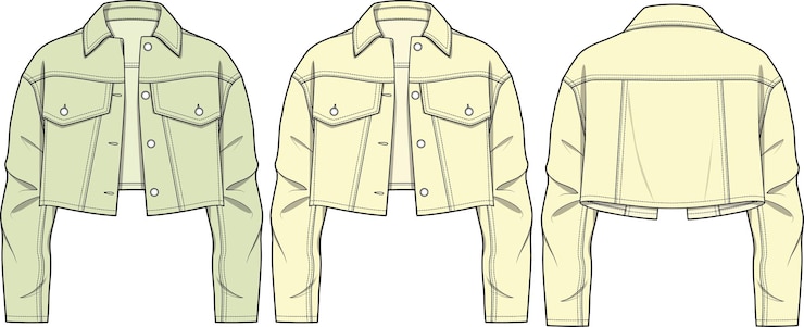 Vector plantilla de ilustración de vector de dibujo técnico de dibujo plano frontal y posterior de chaqueta de mezclilla para mujer