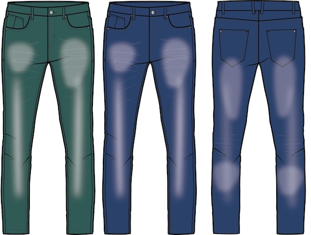 Plantilla de ilustración de vector de dibujo técnico de dibujo plano frontal y posterior de diseño de pantalón de mezclilla