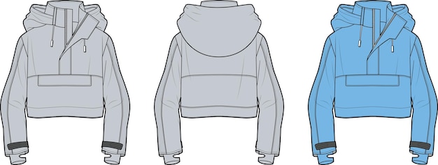 Plantilla de ilustración de vector de dibujo técnico de dibujo plano frontal y trasero de Boxy Anorak para hombre