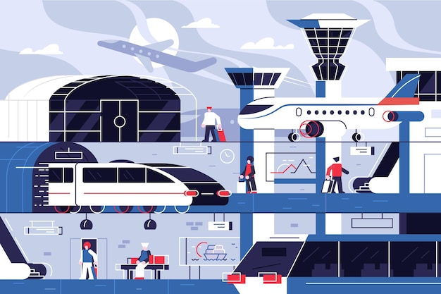 Plantilla de ilustración de vector de edificio de aeropuerto moderno con construcción de terminal aérea que presenta el recibo a bordo del control de aduanas de equipaje y el concepto de estilo plano de sala de espera