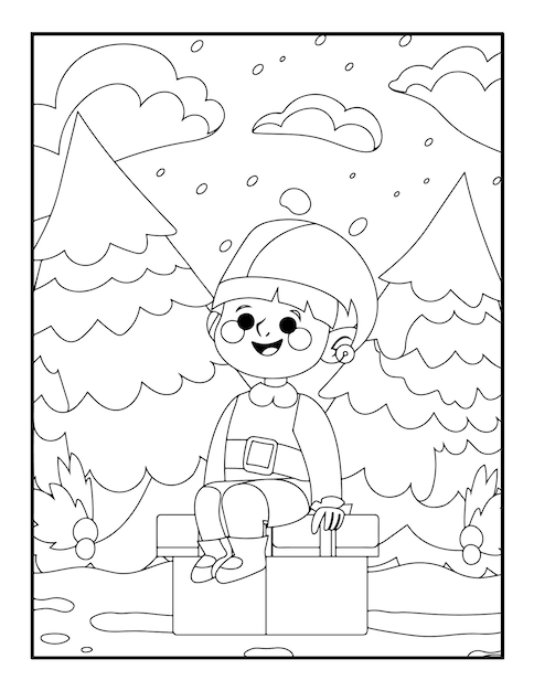 Plantilla de ilustración de vector de invierno en blanco y negro para niños, fondo, patrón, libro para colorear