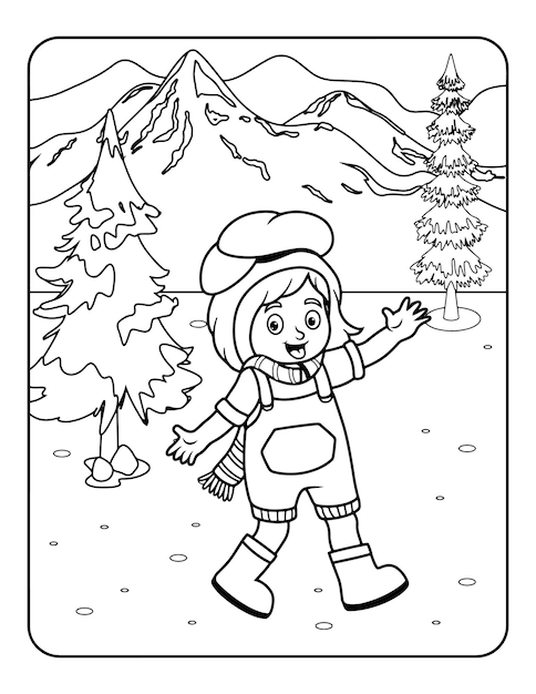 Plantilla de ilustración de vector de invierno en blanco y negro para niños, fondo, patrón, libro para colorear