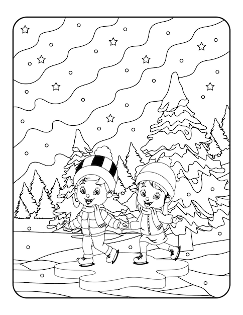 Plantilla de ilustración de vector de invierno en blanco y negro para niños, fondo, patrón, libro para colorear