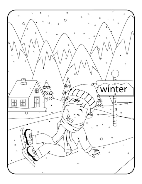 Plantilla de ilustración de vector de invierno en blanco y negro para niños, fondo, patrón, libro para colorear