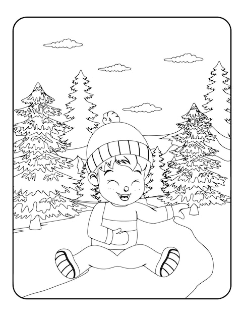 Plantilla de ilustración de vector de invierno en blanco y negro para niños, fondo, patrón, libro para colorear