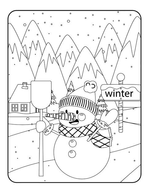 Plantilla de ilustración de vector de invierno en blanco y negro para niños, fondo, patrón, libro para colorear