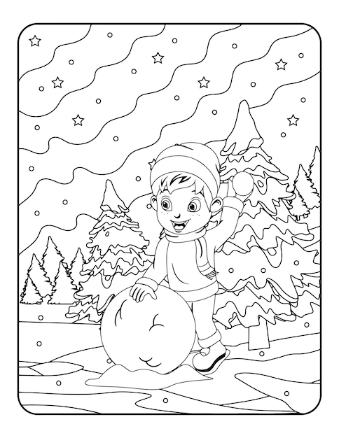 Plantilla de ilustración de vector de invierno en blanco y negro para niños, fondo, patrón, libro para colorear