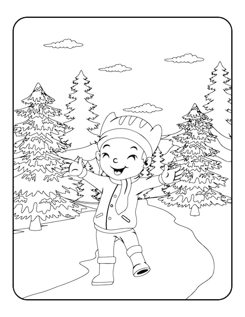 Plantilla de ilustración de vector de invierno en blanco y negro para niños, fondo, patrón, libro para colorear